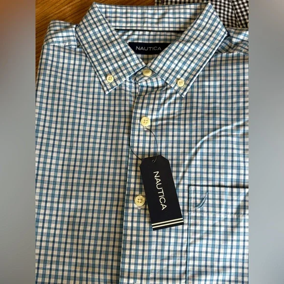 Nautica Men Gingham Shirts Medium Bundle of 2 one short sleeve, one long sleeve - Picture 2 of 9
